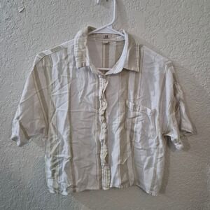 Thread & Supply Striped Linen Blend Button Up Shirt M Beige Coastal Boho